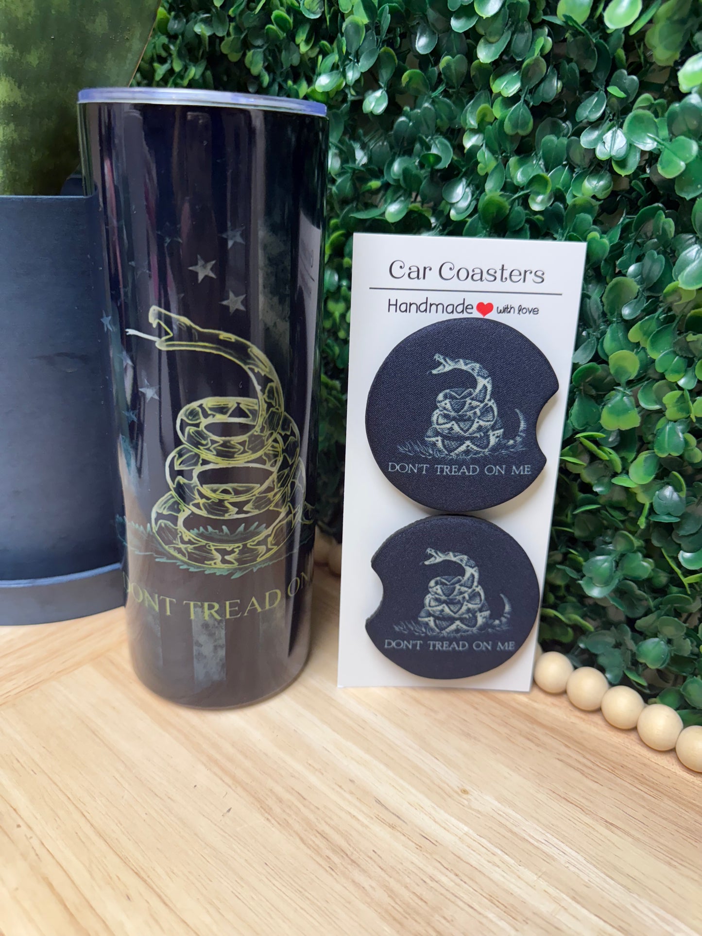 Don't Tread on me 20 oz stainless steel tumbler with FREE matching set of Car Coasters