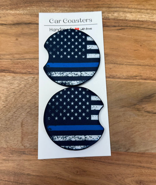 Flag with blue stripe/police car cup coasters