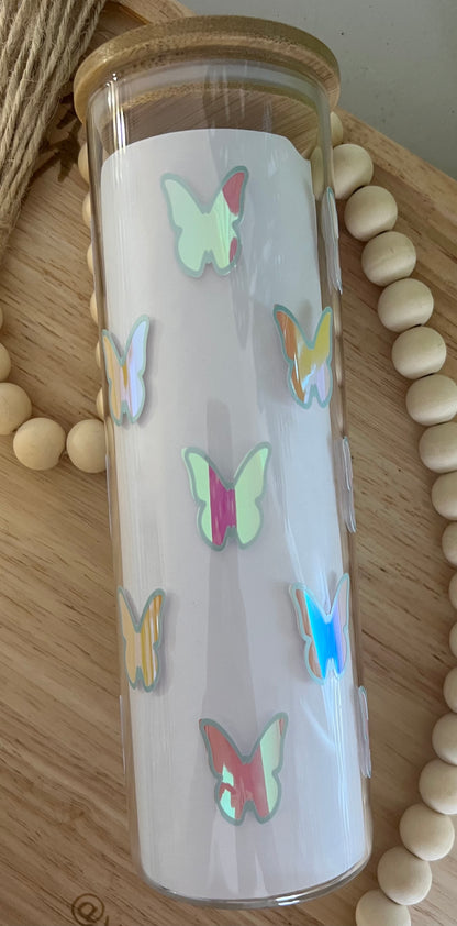 Holographic Pastel Butterfly Glass Tumbler