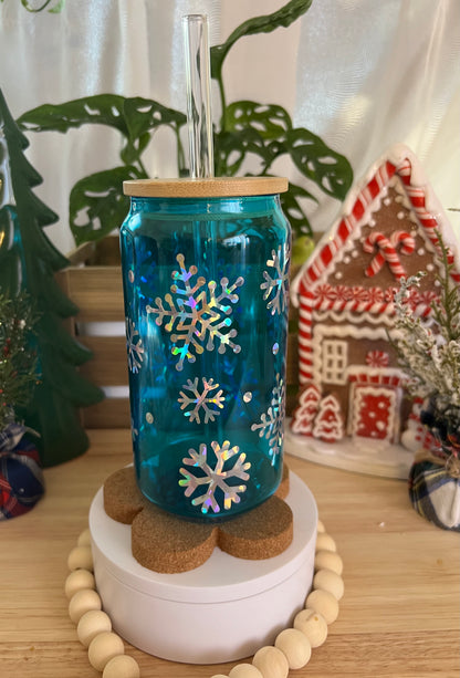 Sparkly Snowflakes Blue Beer Can Glass