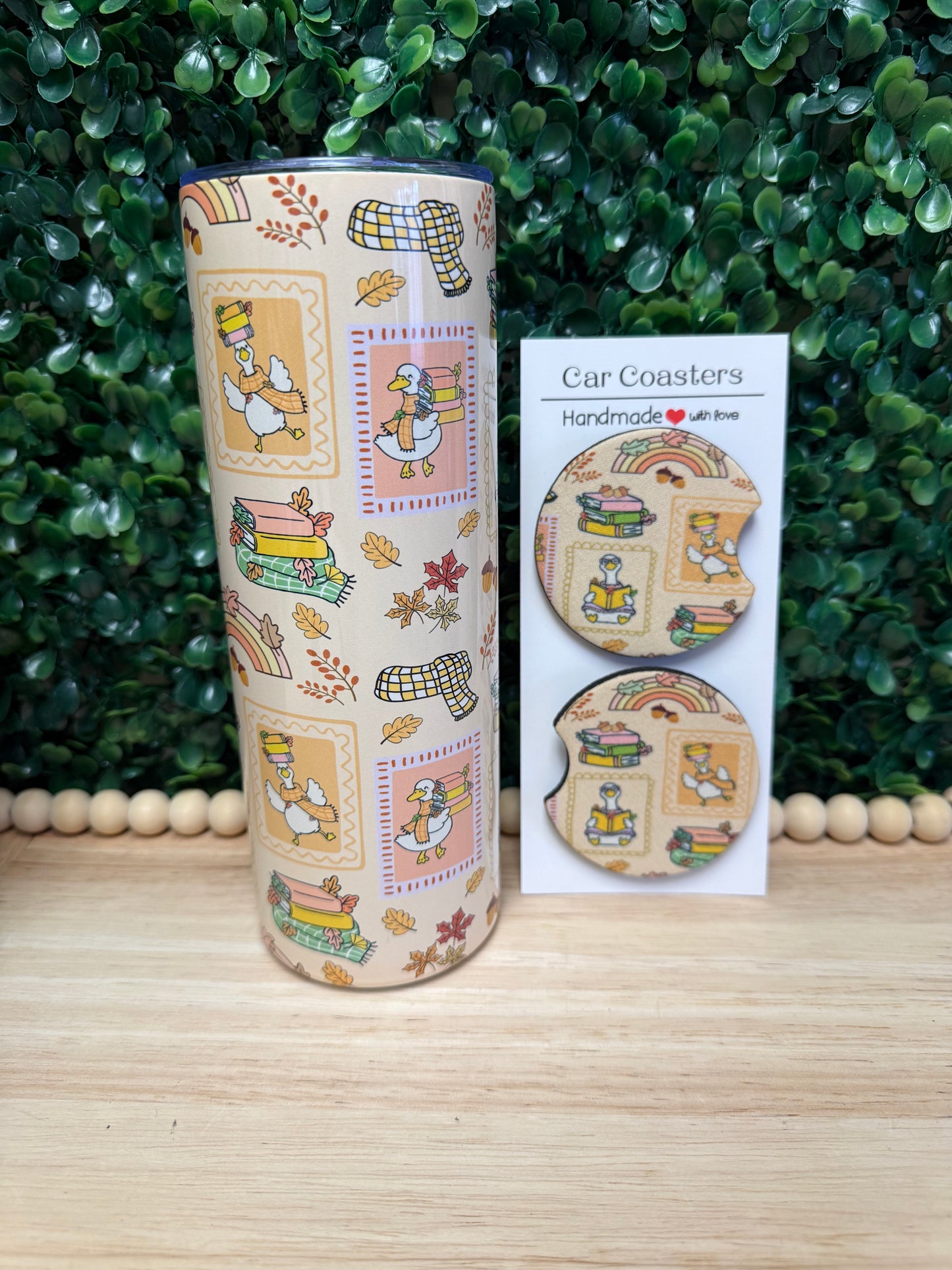 Fall Bookish Goose 20 oz Tumbler W/ FREE matching set of Car Coasters!