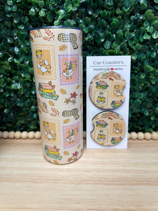 Fall Bookish Goose 20 oz Tumbler W/ FREE matching set of Car Coasters!