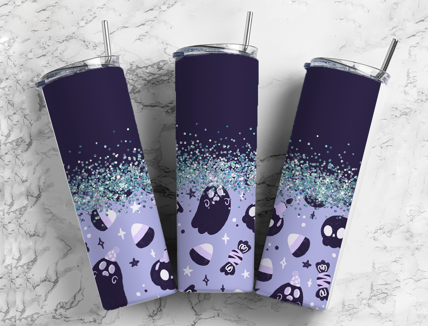 Glitter Purple Halloween Ghosts Stainless Steel Tumbler