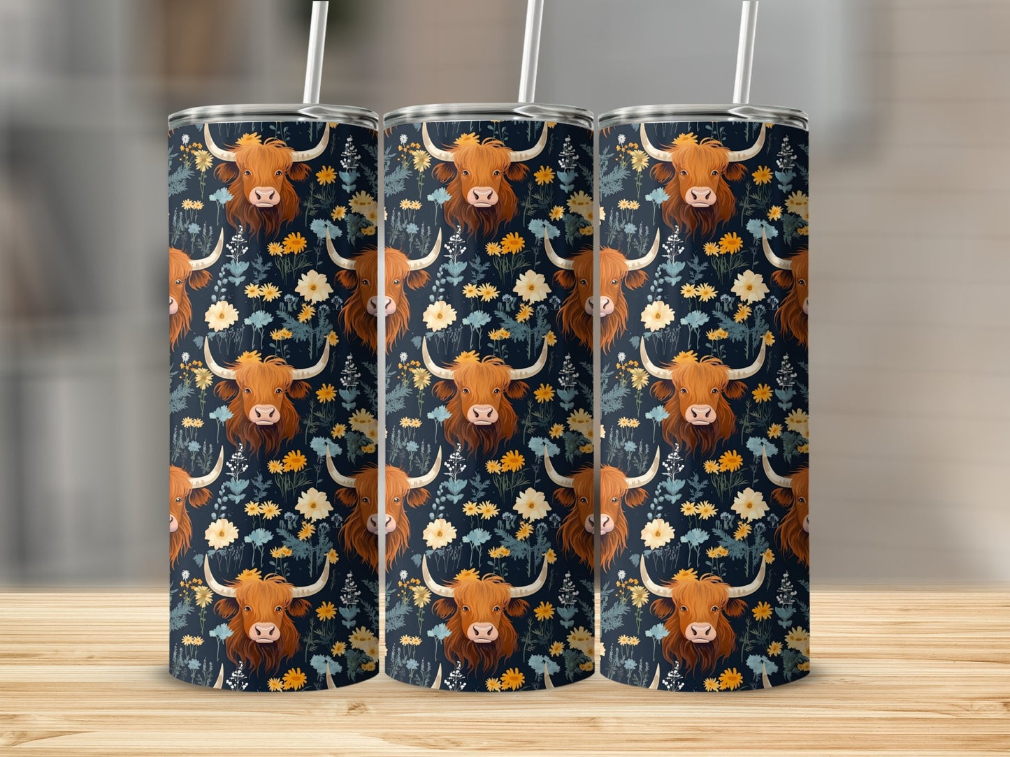 Highland Cow's blue Background Stainless Steel Tumbler