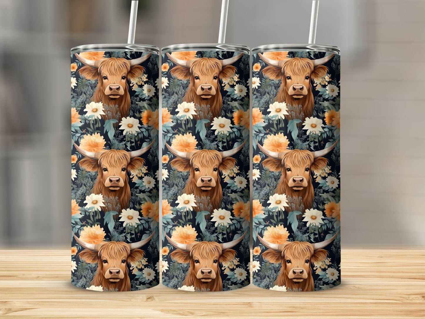 Highland Cow in Flowery Field Stainless Steel Tumbler