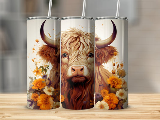 Highland Cow With Orange Flowers Stainless Steel Tumbler