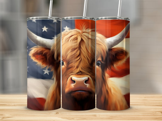 Highland Cow with American Flag Stainless Steel Tumbler