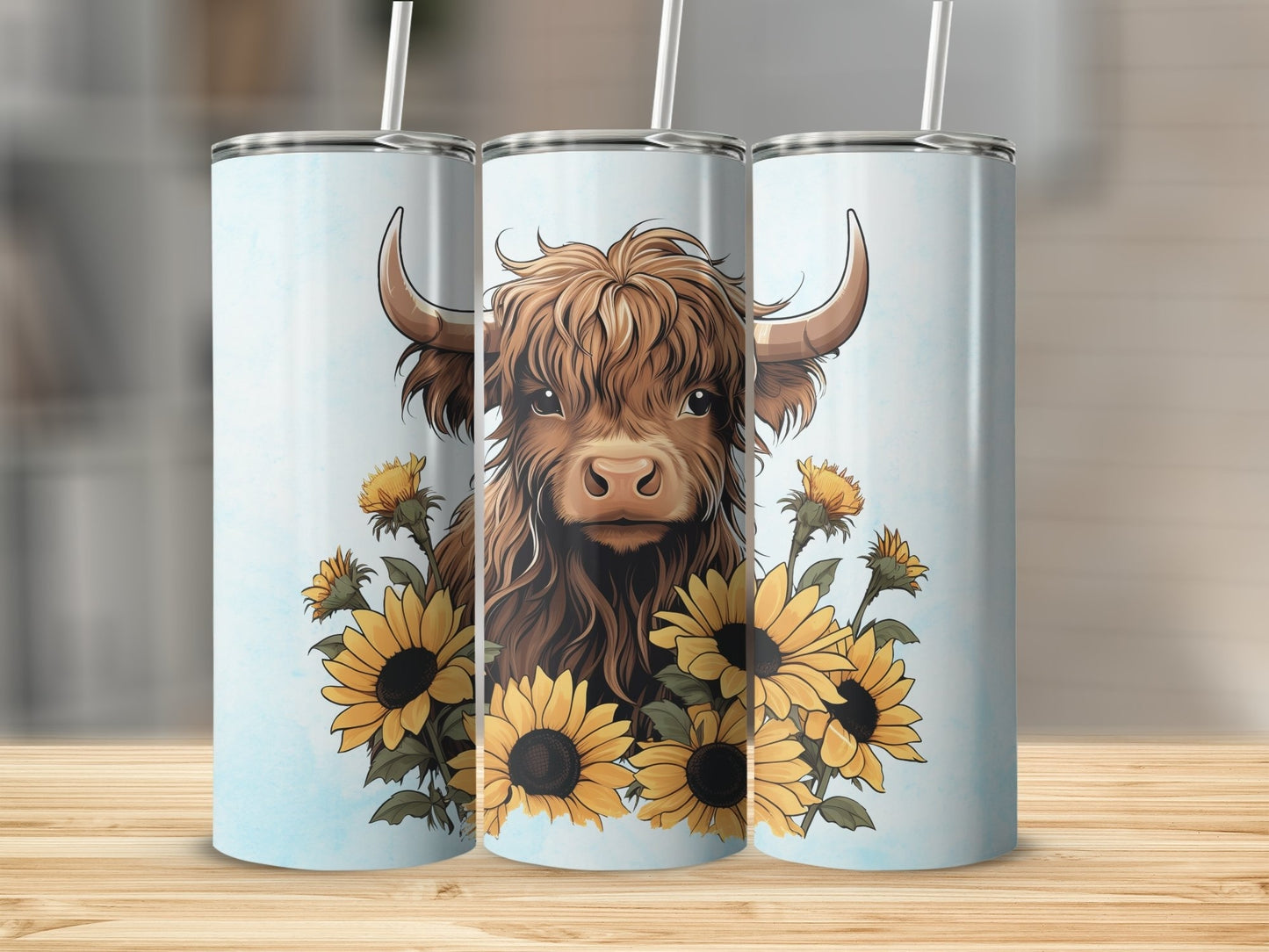 Highland Cow With Sunflowers (blue) Stainless steel Tumbler