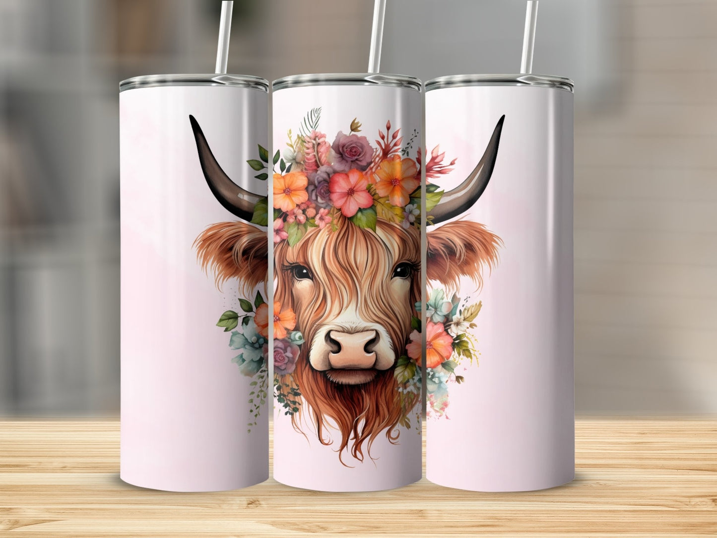 Pink Highland Cow Spring Flower Crown Stainless Steel Tumbler