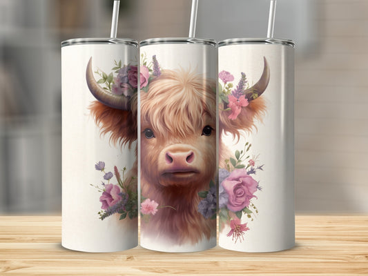 Baby Highland Cow with Purple & Pink Flowers Stainless steel Tumbler