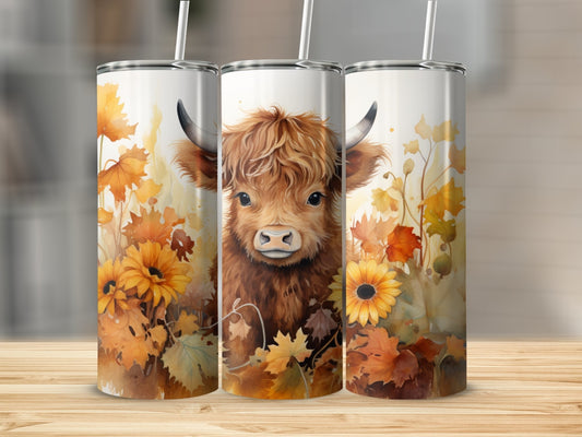 Highland Cow With Flowers & Leaves Stainless Steel Tumbler