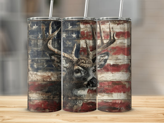 Wooden Buck American Flag Stainless Steel Tumbler