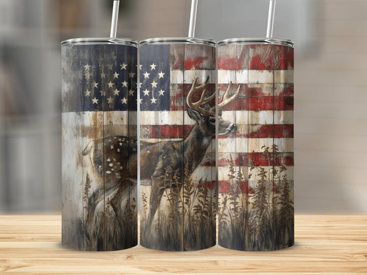 American Flag with Spotted Buck Stainless Steel Tumbler