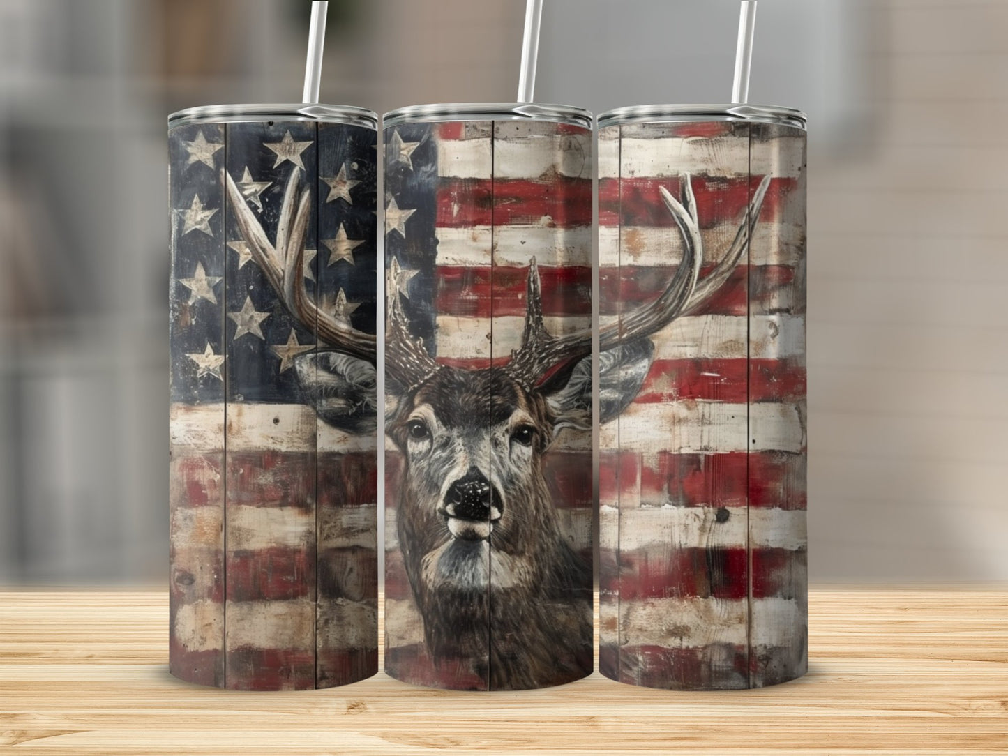 Wooden Flag with Buck Face Stainless Steel Tumbler