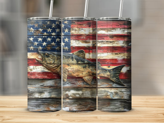 Salmon with American Flag Stainless Steel Tumbler