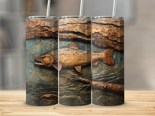 Wood Carved Fish in a River Stainless Steel Tumbler