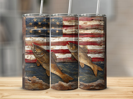 American Flag with Jumping Fish Stainless Steel Tumbler