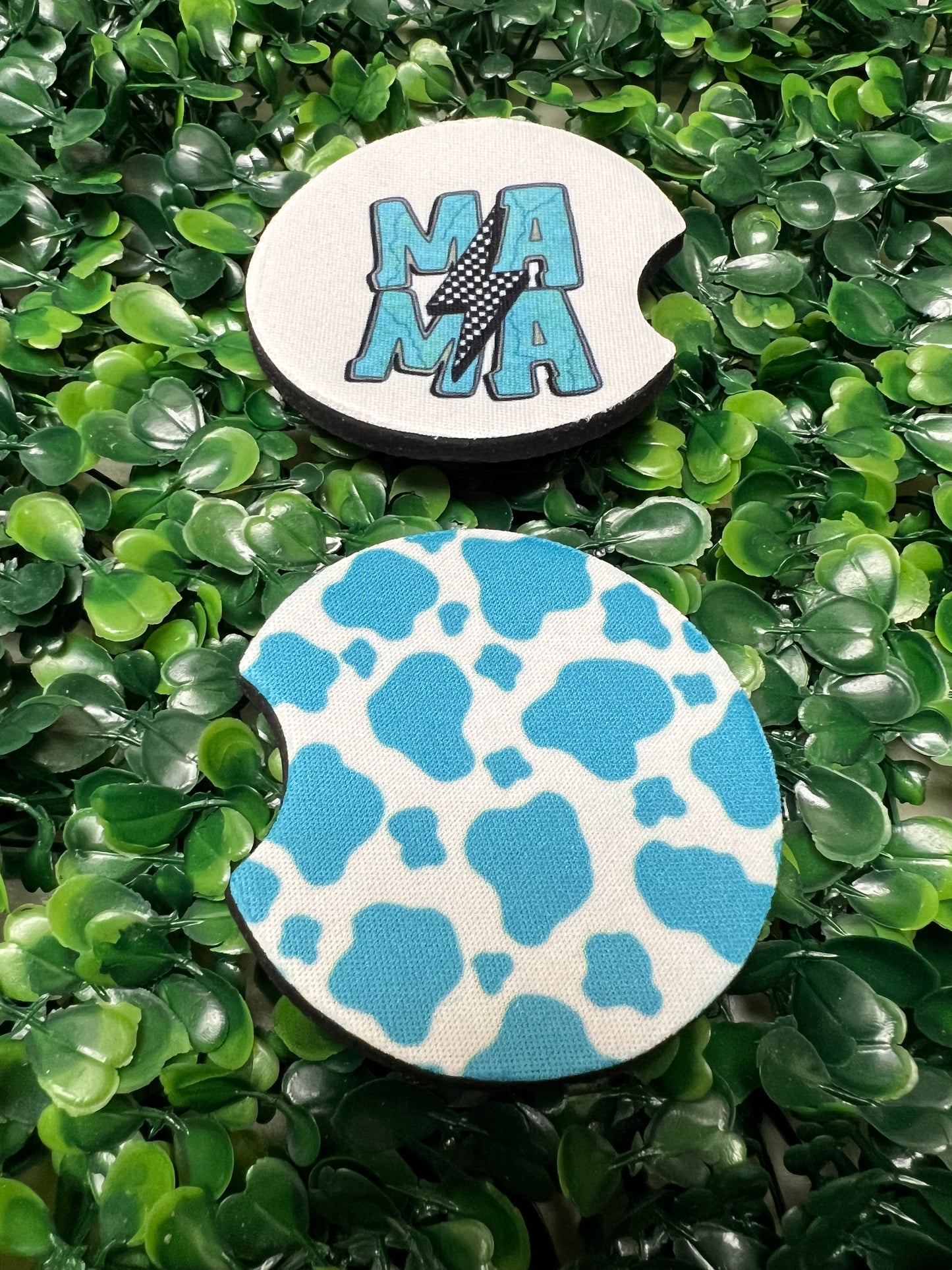 Turquoise Mama & Cow Print Car Cup Coasters