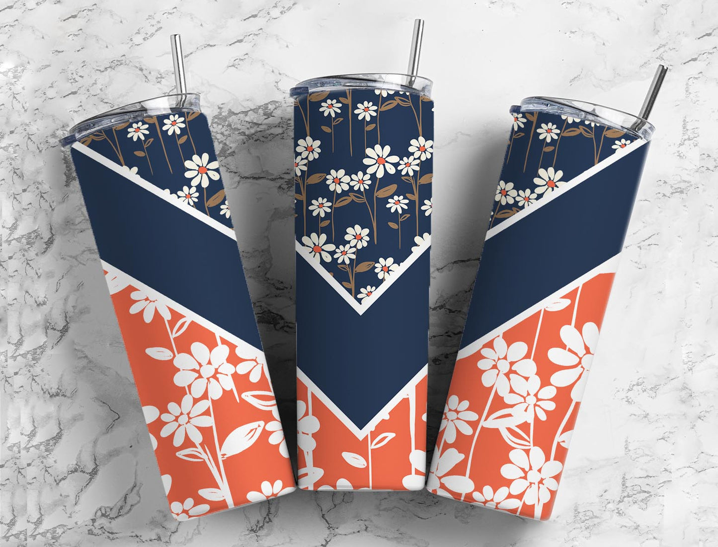 Split V Blue & Orange Flowers Stainless Steel Tumbler