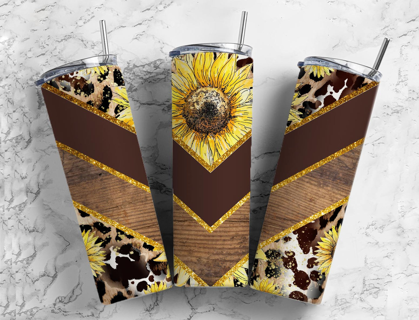 Split V Brown Sunflower Cow Print Stainless Steel Tumbler