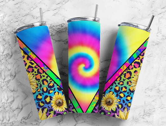 Split V Tye Dye Cheetah Print Sunflower Stainless Steel Tumbler