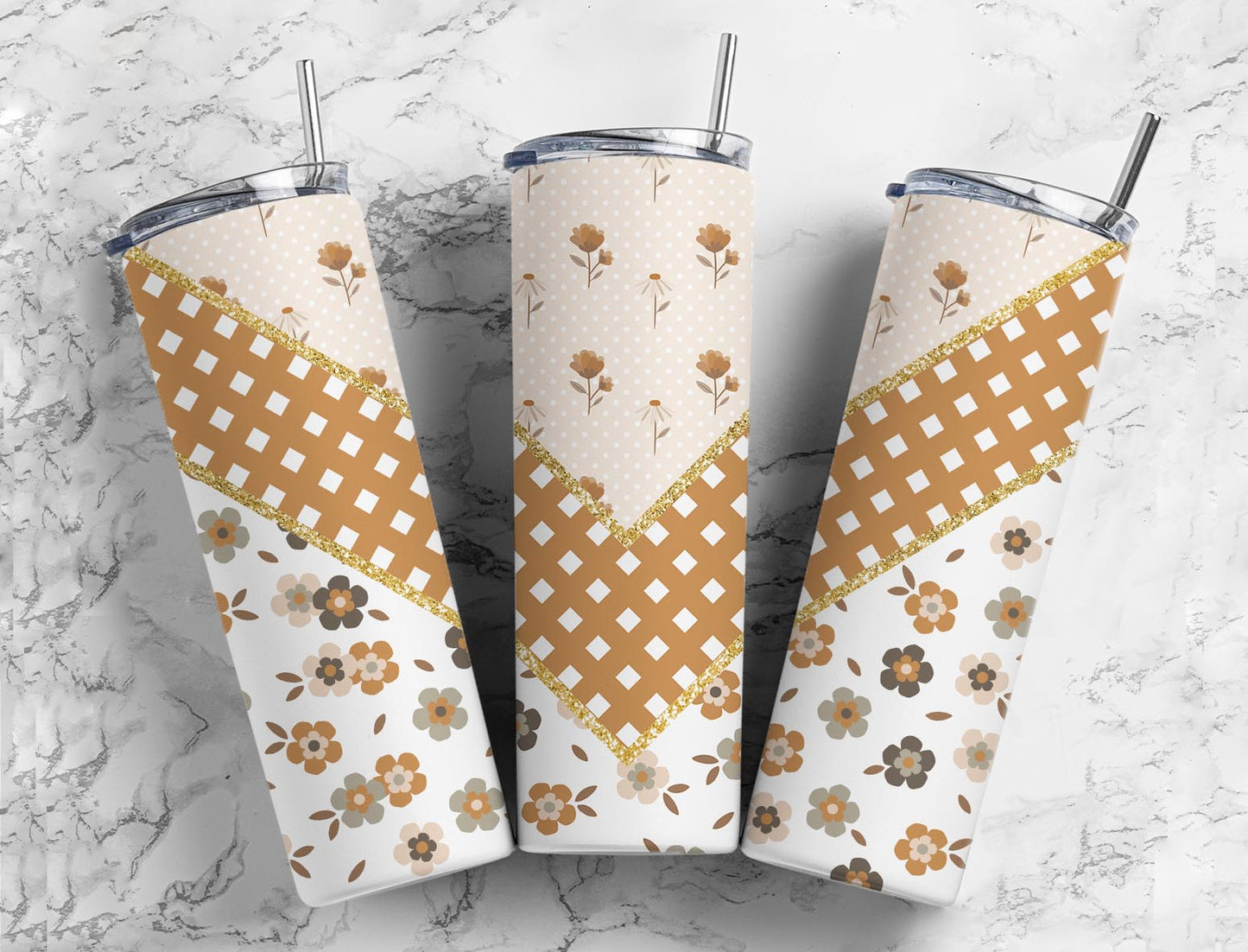 Split V Brown Checkered Flowers  Stainless Steel Tumbler