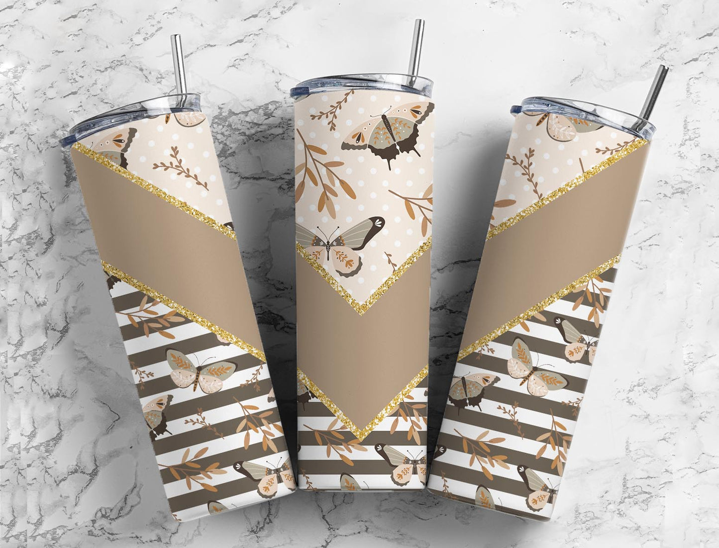 Split V Striped Beige Butterfly Stainless Steel Tumbler