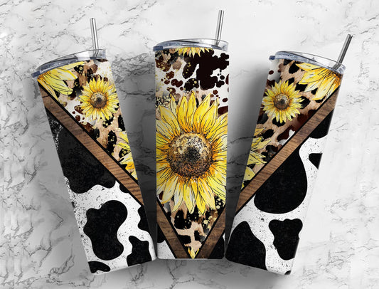 Split V Sunflower Cow Print Stainless Steel Tumbler