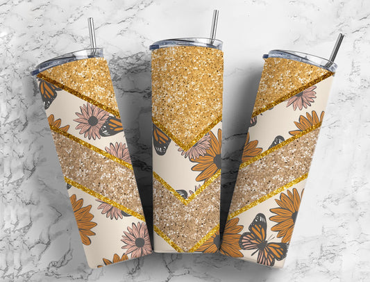 Split V Gold Glitter Butterflies Stainless Steel Tumbler