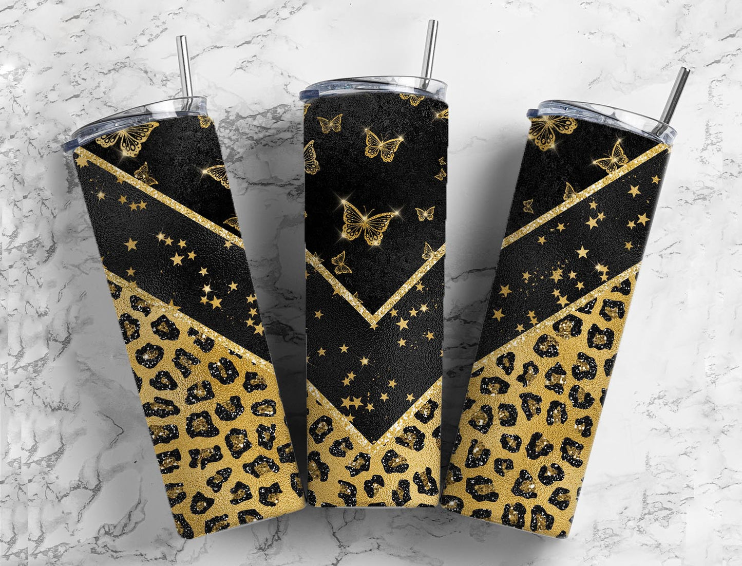 Split V Black & Gold Butterfly with Stars Stainless Steel Tumbler