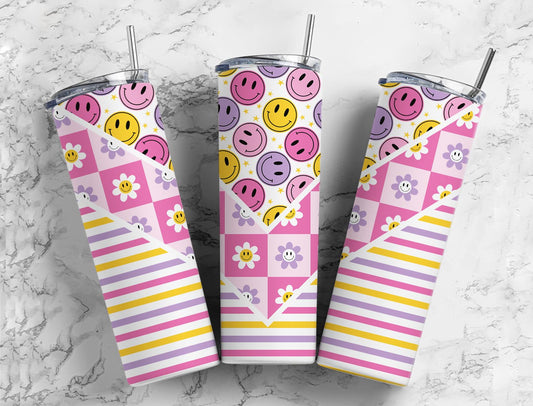 Split V Striped Smiley Faces & Daisies Stainless Steel Tumbler