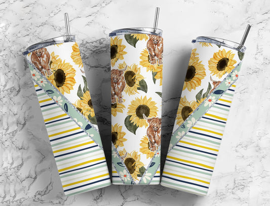 Split V Striped Sunflower Highland Cow  Stainless Steel Tumbler