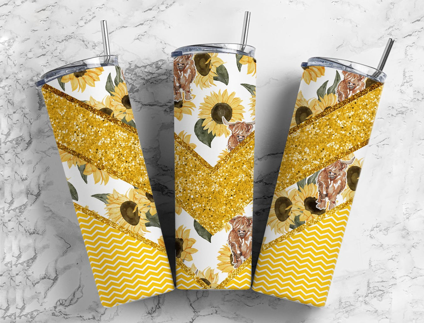 Split V Yellow Glitter Sunflower Highland Cows Stainless Steel Tumbler