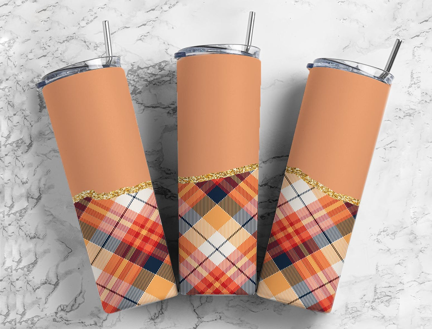 Split Gold Design- Orange Plaid Stainless Steel Tumbler