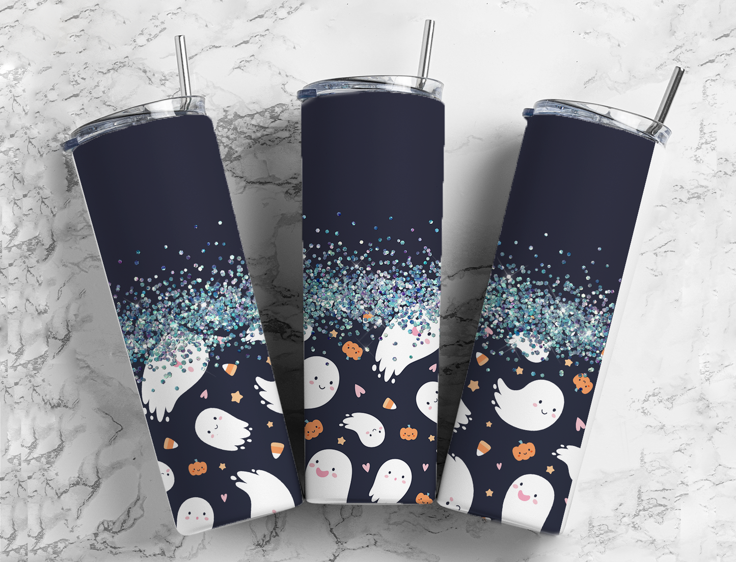 Glitter Blue Candy Corn Ghosts Stainless Steel Tumbler