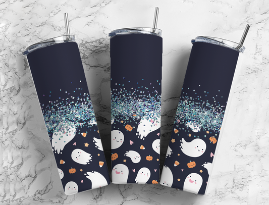 Glitter Blue Candy Corn Ghosts Stainless Steel Tumbler