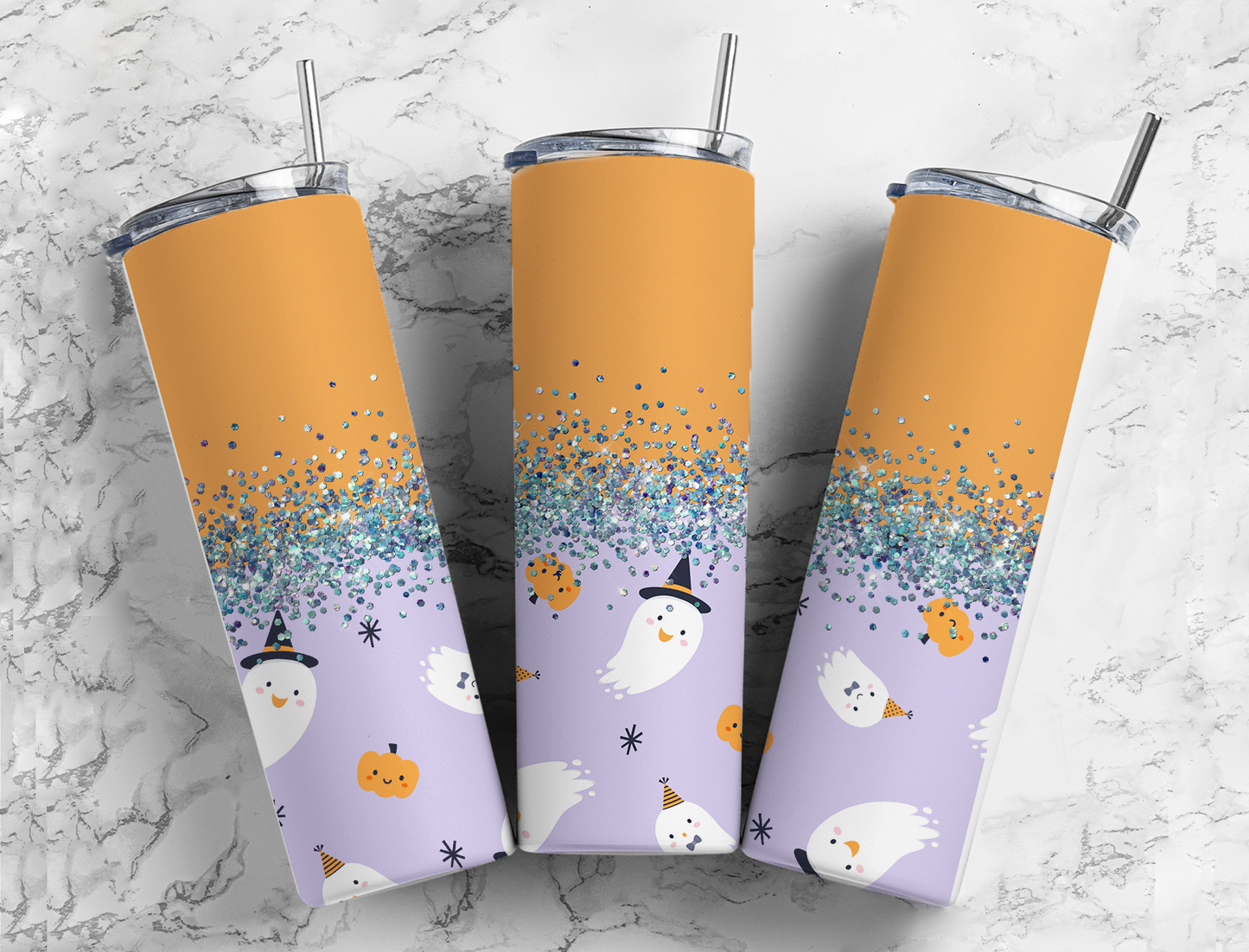 Glitter Orange & Purple Halloween Stainless Steel Tumbler