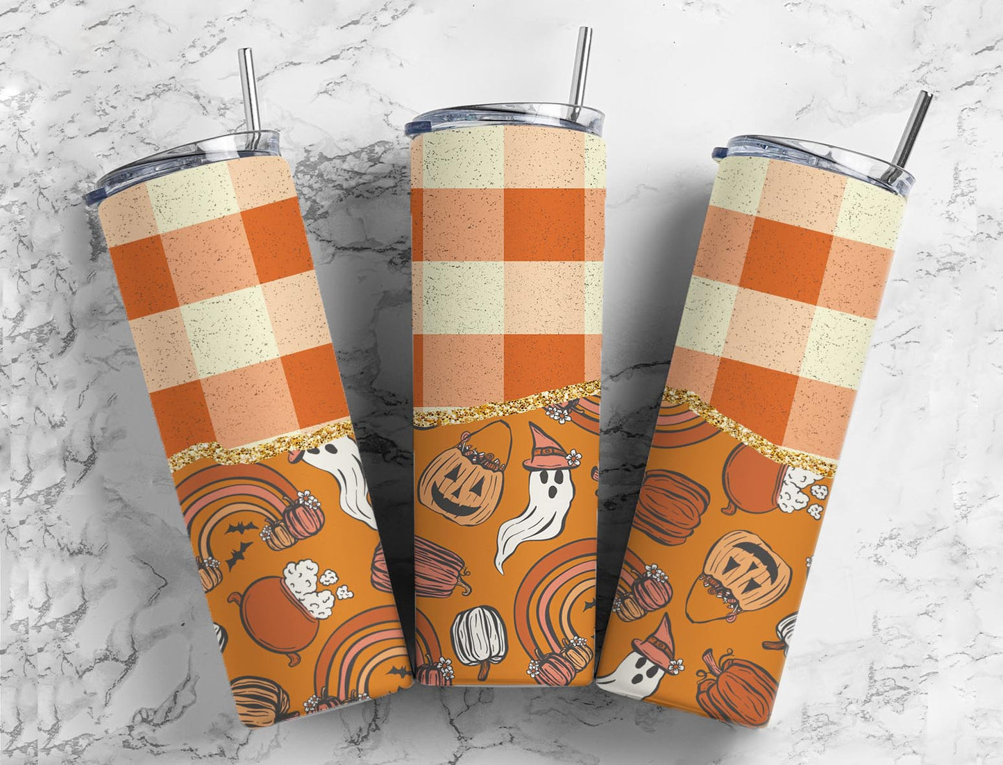 Split Gold Design- Orange Checkered Halloween Stainless Steel Tumbler