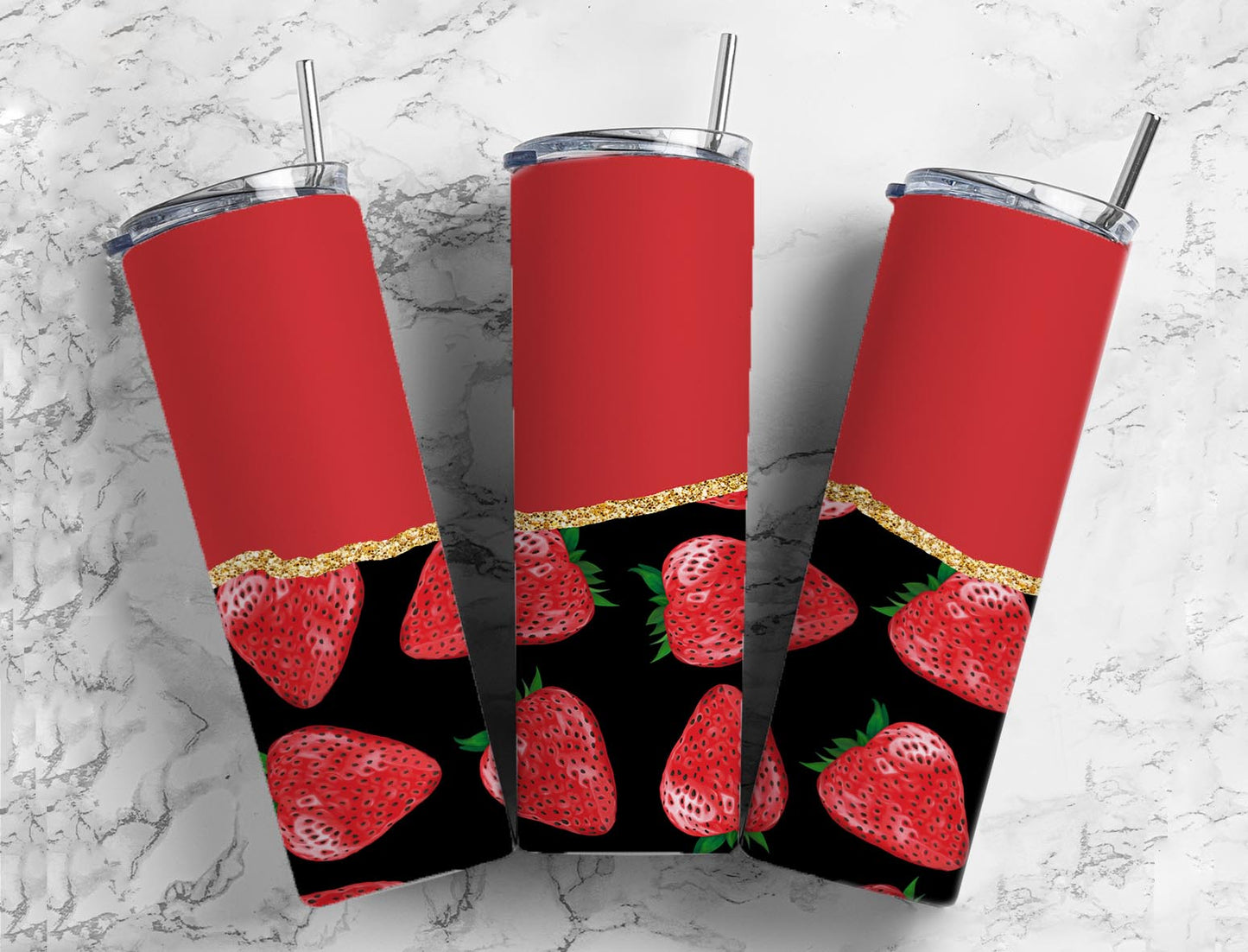 Split Gold Black & Red Strawberry Stainless Steel Tumbler