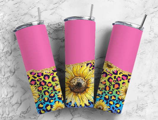 Split Gold Design- Pink/Cheetah Sunflower Stainless Steel Tumbler