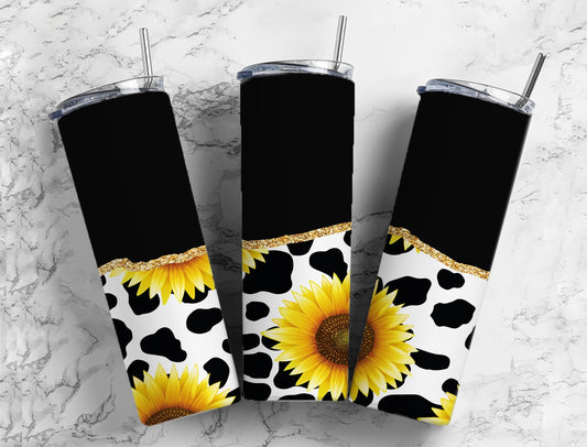 Split Gold Black Sunflower/Cow print Stainless Steel Tumbler