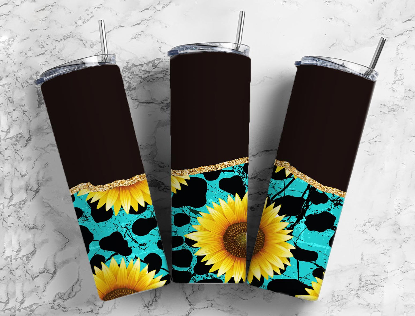 Split Gold Black/Teal Cow print Sunflowers Stainless Steel Tumbler