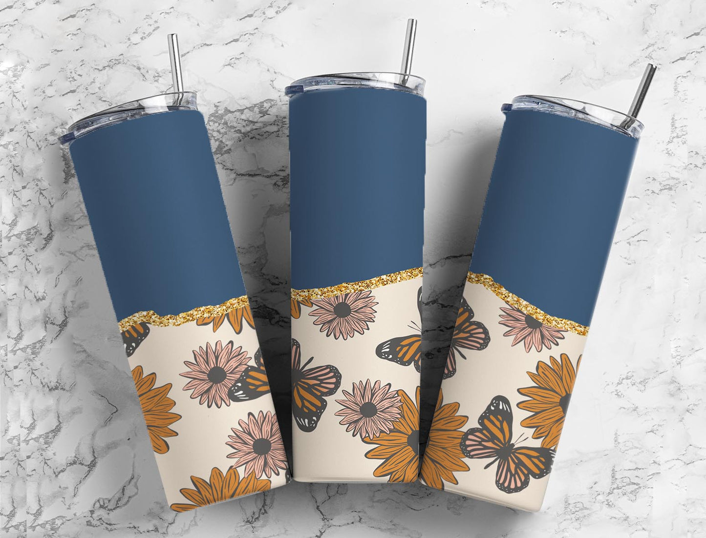 Split Gold Design- Blue Butterfly with Flowers Stainless Steel Tumbler