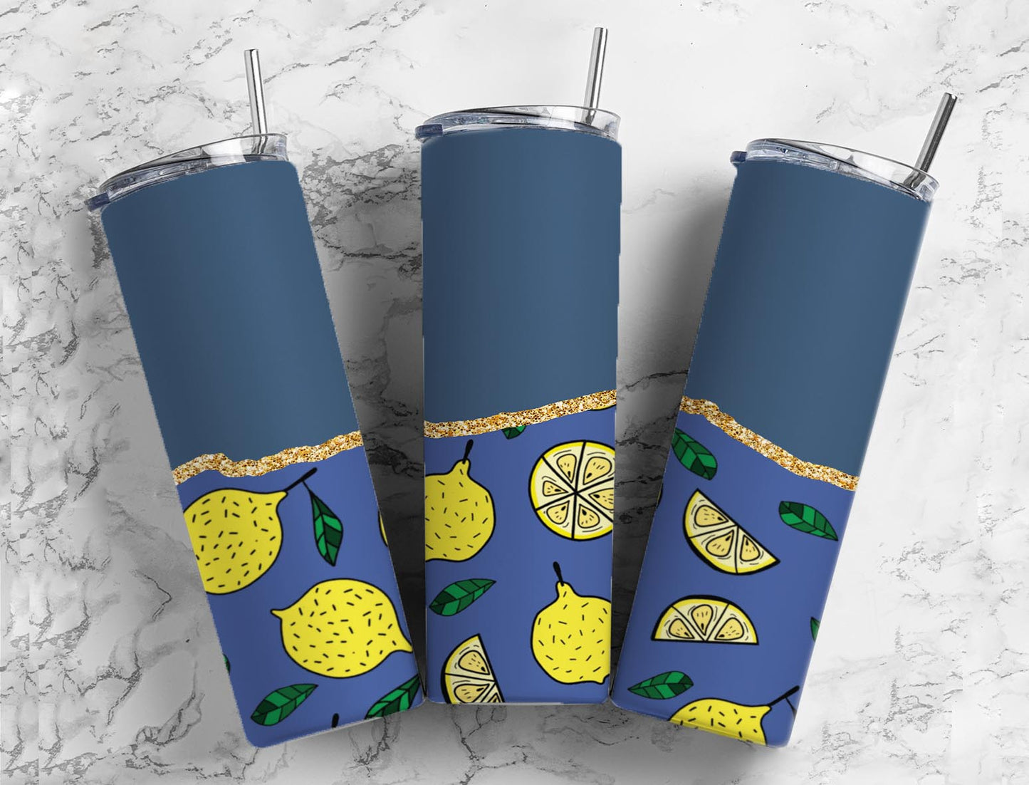 Split Gold Design-Blue Lemons Stainless Steel Tumbler