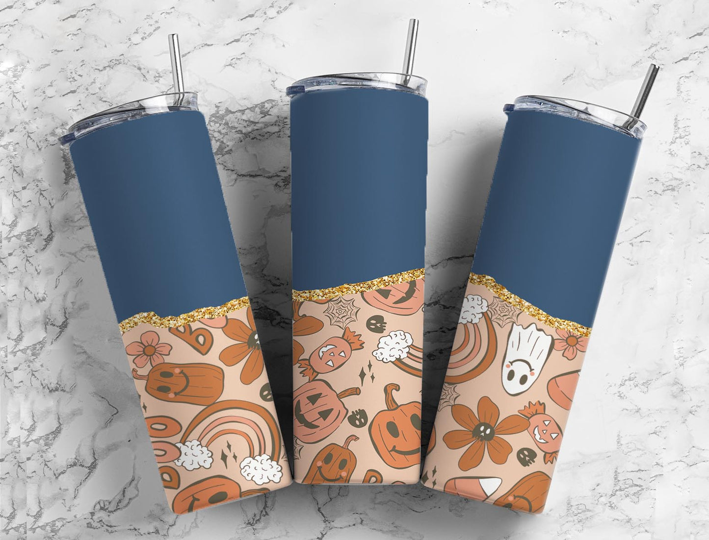 Split Gold Design- Blue/Orange Halloween Stainless Steel Tumbler