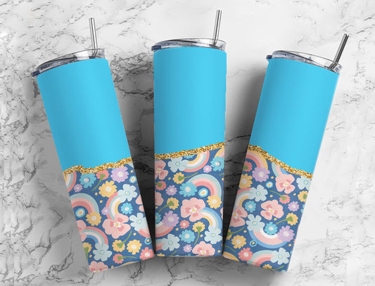 Split Gold Design- Blue/Flower Rainbow Stainless Steel Tumbler