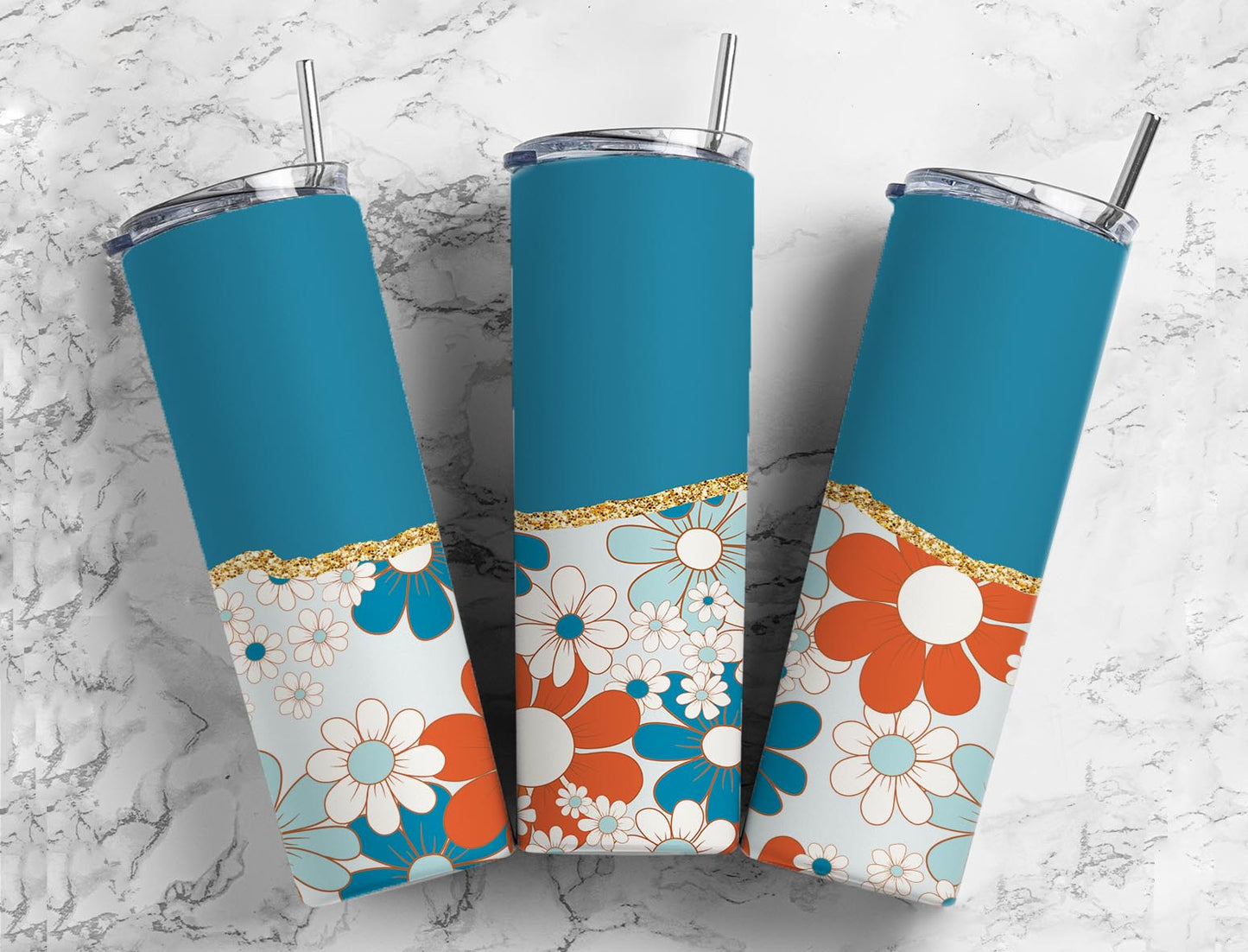 Split Gold Design- Blue Retro Flowers Stainless Steel Tumbler