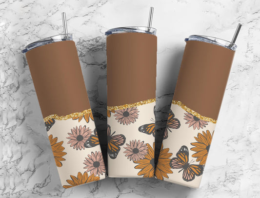 Split Gold Design- Brown Butterflies with Flowers Stainless Steel Tumbler