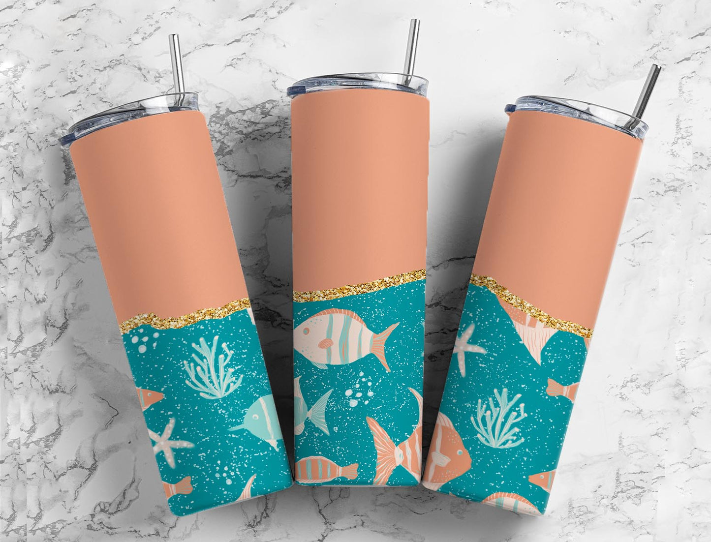 Split Gold Design- Coral/Fish Stainless Steel Tumbler