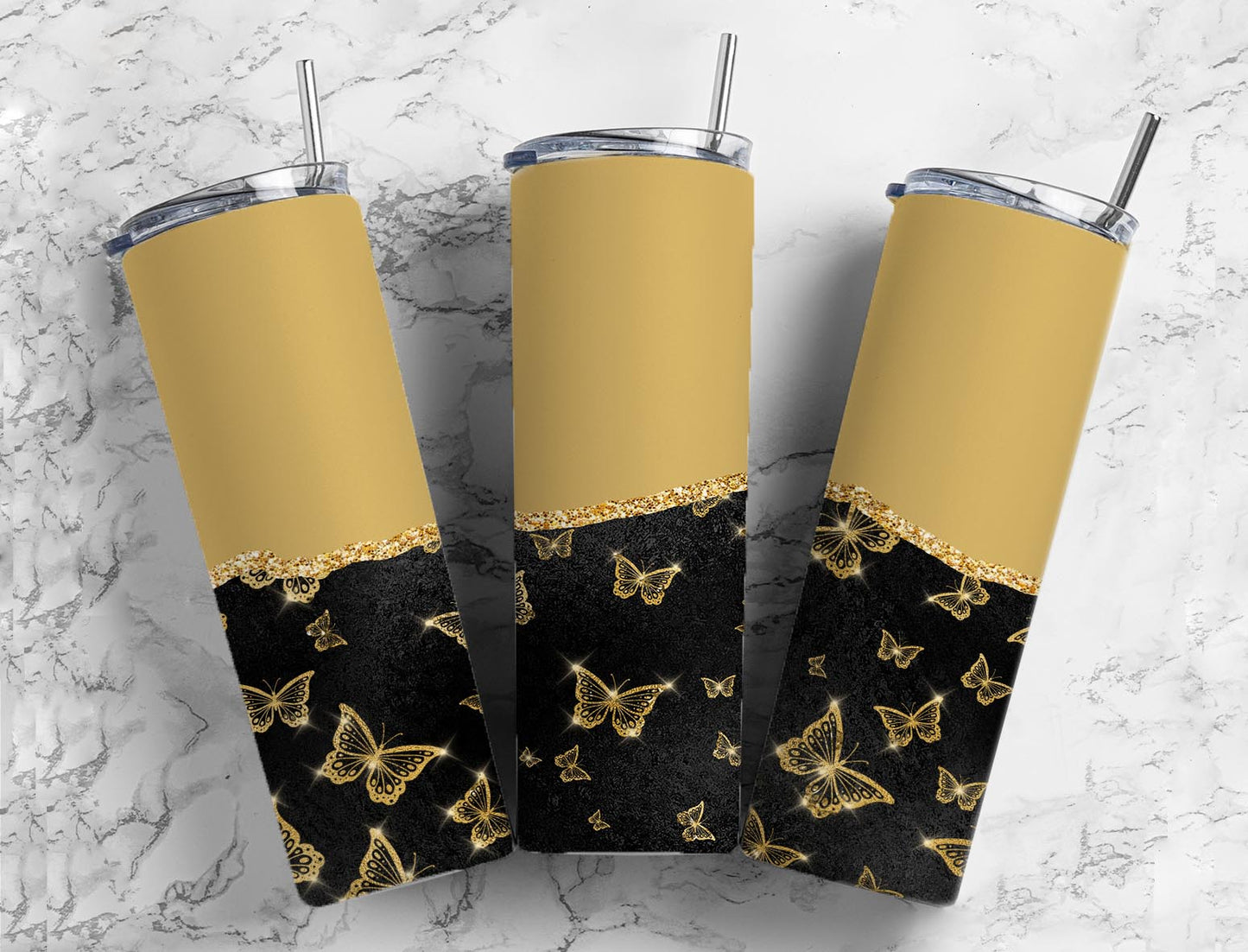 Split Gold Design- Black & Gold Butterflies Stainless Steel Tumbler